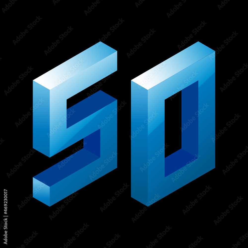 Gradient blue number 50 in isometric style. Isolated on black background. Water texture Gradient blue number 50 in isometric style. Isolated on black background. Water texture