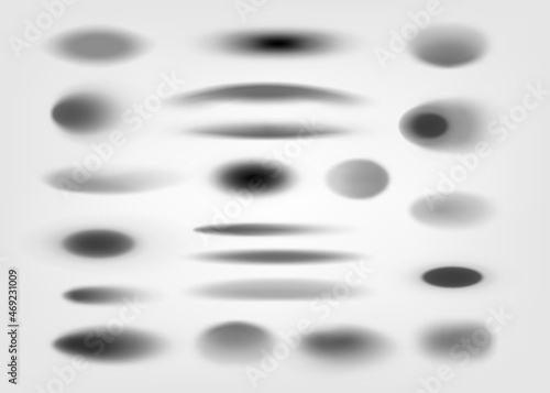 Round realistic shadows. Realistic circular gradient shadow overlay, top light oval shade effect collection on transparent background. Vector set