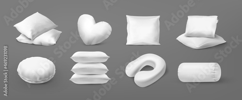 Realistic pillows.White blank mockup of sofa cushion and bed pillows for bedroom interior.circle round square orthopedic and pillow for neck.Vector isolated set
