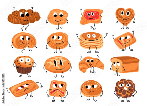 Cute bread characters. Funny bakery characters with smiley faces hands and legs, cartoon, bread, poppy seed bun, cinnamon bun, mascots. Vector set