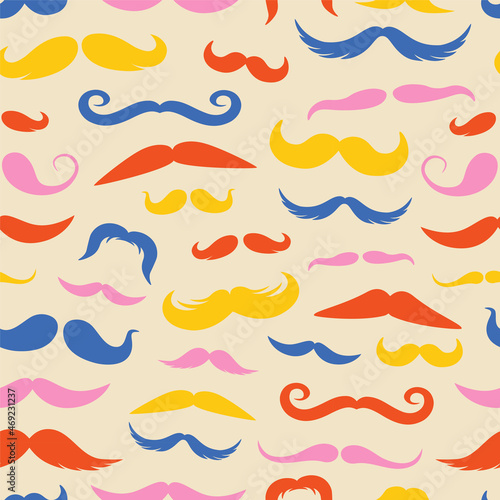 Moustache pattern. Seamless print with different retro style moustache styles and shaved beards, funny party mask elements. Vector texture