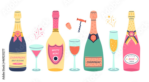 Wine bottles with glasses. Doodle champagne and prosecco vintage glass bottles of white and red sparkling wine, holiday and wedding glasses. Vector set