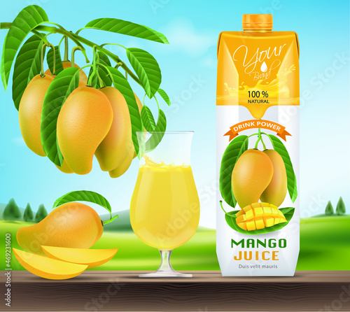 Vector pack of mango juice with slices and diced mango standing on a wooden table on the background of the sky and green.