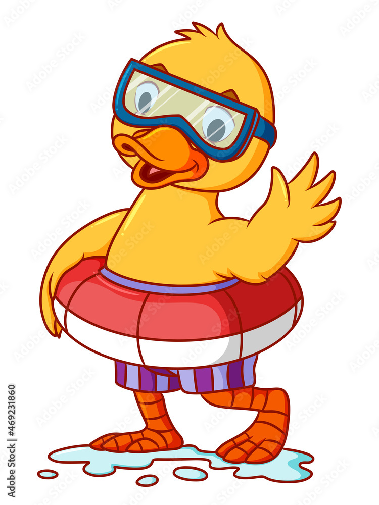The duck is using the swimming tire and goggles The duck is using the swimming tire and goggles
