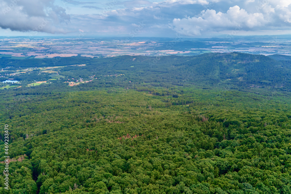 Sleza mountain landscape. Aerial view of mountains with forest.