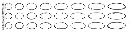 Hand drawn ovals and circles set. Ovals of different widths. Highlight circle frames. Ellipses in doodle style. Set of vector illustration isolated on white background. photo