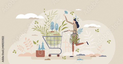 Eco friendly consumer with sustainable shopping habits tiny person concept. Environmental care with reusable and green product choices vector illustration. Buy responsible and ecological groceries.