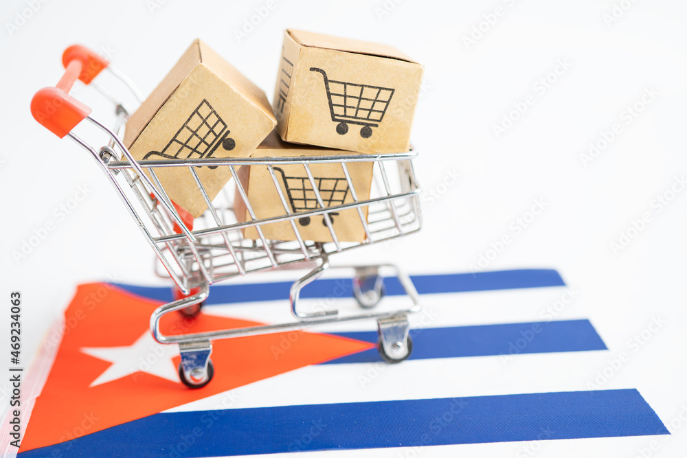 Box with shopping cart logo and Cuba flag, Import Export Shopping online or eCommerce finance delivery service store product shipping, trade, supplier concept.