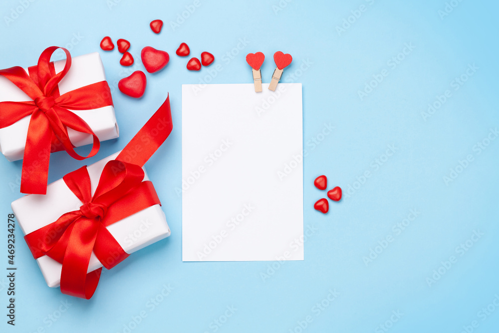 Valentines day greeting card with heart sweets and gift boxes Valentines day greeting card with heart sweets and gift boxes