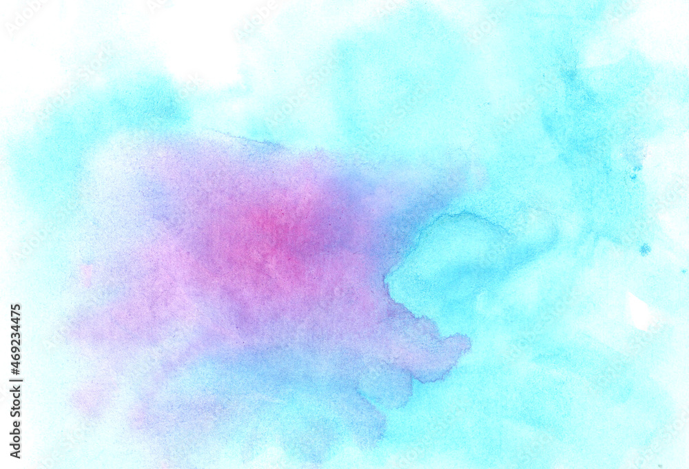 Hand drawn abstract blue and pink watercolor background with texture 
