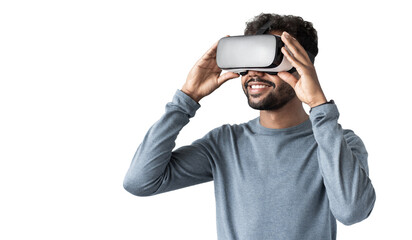Young man using virtual reality headset isolated studio portrait, VR, future, gadgets, technology concept