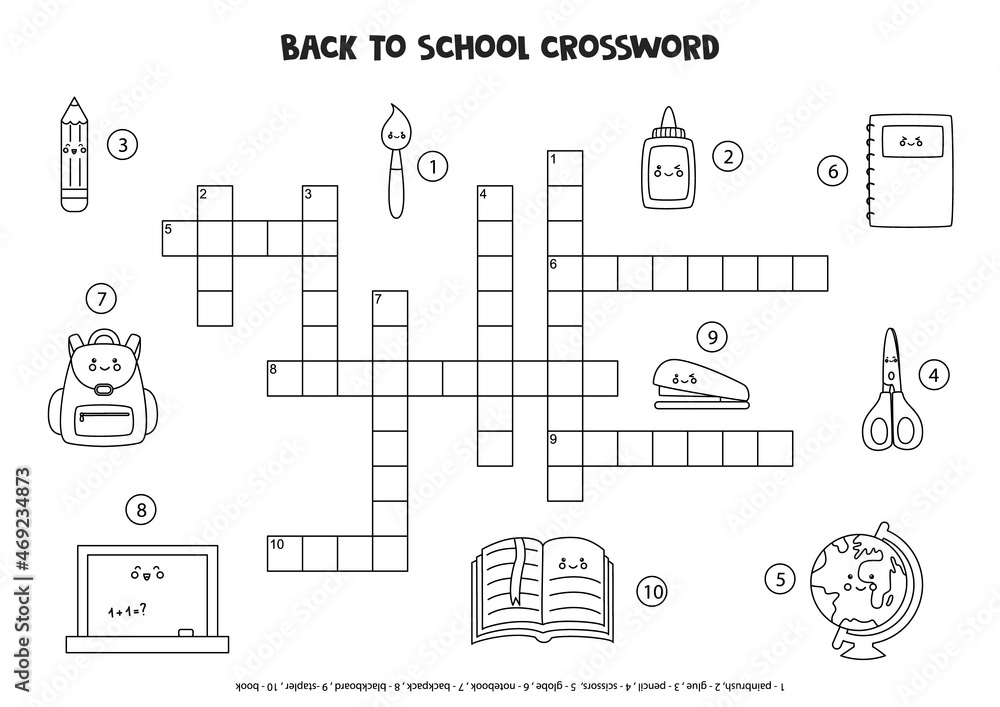 Black and white space crossword for kids with cute kawaii school supplies.