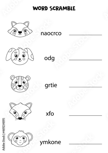 Puzzle for kids. Word scramble for children. Black and white animals.