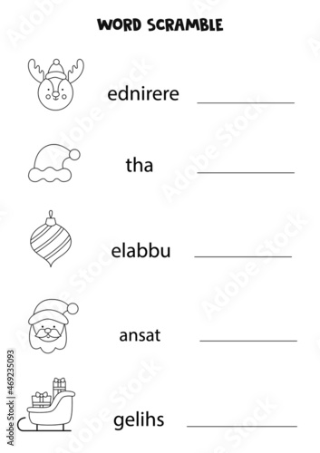 Puzzle for kids. Word scramble for children. Black and white Christmas pictures.