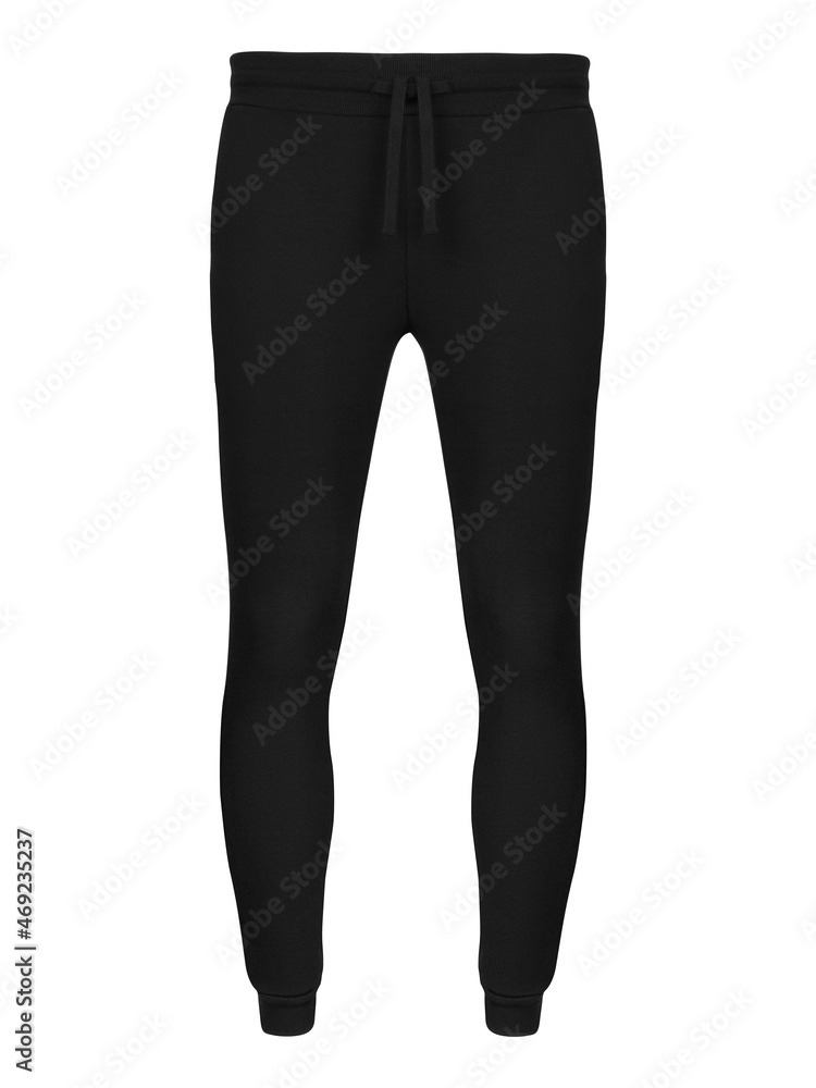 Black jogger pants mockup. Template Sports trousers front view for design. Fitness wear isolated on white Black jogger pants mockup. Template Sports trousers front view for design. Fitness wear isolated on white