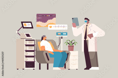 doctor adjusting EEG headset researcher analyzing brain functions and health status of patient neurological diseases examining