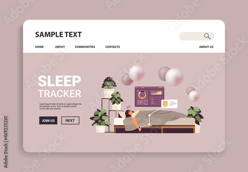 young woman sleeping in bed with electronic smart watch app tracker on hand quality and quantity sleep control