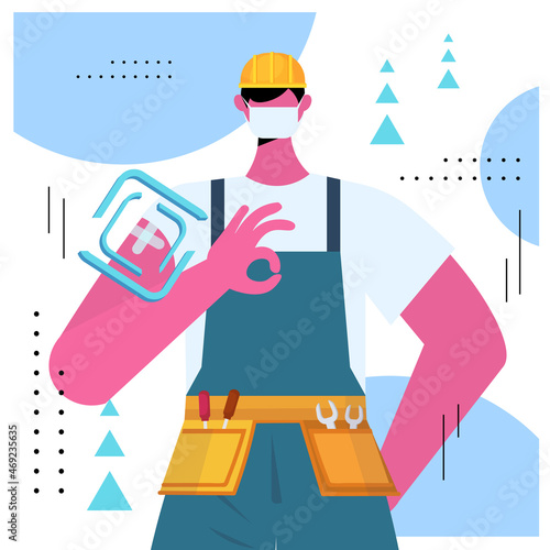 vaccinated male handyman after vaccine injection successful covid-19 vaccination concept