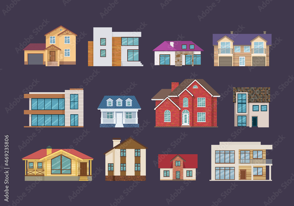 Set of colorful country houses, cottages, holiday mansions, hotels, guesthouse.