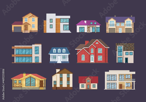 Fototapeta Naklejka Na Ścianę i Meble -  Set of colorful country houses, cottages, holiday mansions, hotels, guesthouse.