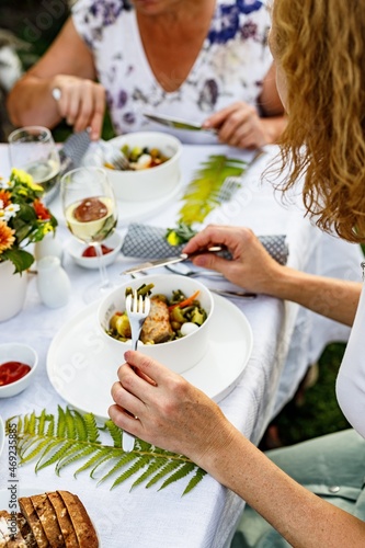 Family celebrations and food concept. The family is having dinner at a summer garden party. Table setting and decoration. Food and drinks. BBQ  vegetables  wine and other snacks. Life in the suburbs