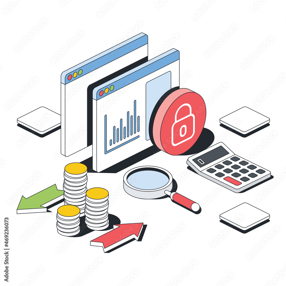 Fototapeta premium Graph charts lock padlock, money coins arrows, calculator, magnifier search. Vector 3d sketch line isometric style, color icon illustration. Creative design idea and infographics elements.