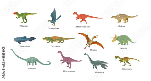 Prehistoric animals set. Antique birds, fishes, dinosaurs, amphibious with names inscription