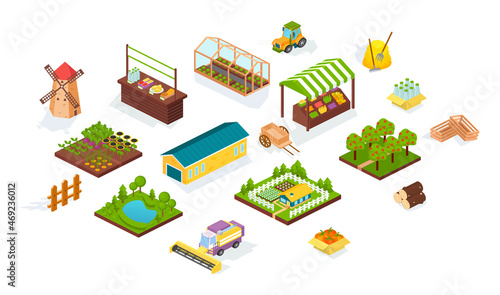 Harvesting and agriculture isometric set. Agricultural machines, fields harvest, local market stall