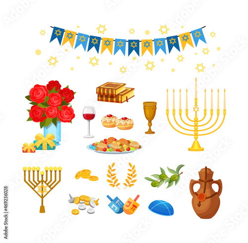 Jewish traditional holiday Hanukkah element set. Food, dessert, decor for celebrating