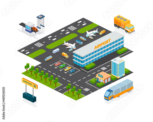 Airport facade infrastructure isometric building exterior for business and travel transportation