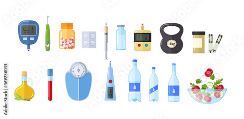 Healthy lifestyle attributes set. Modern health equipment wellness life balance medicines, vitamins