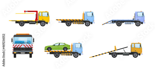 Tow truck car set. Cargo automobile for towing transport, trucking vehicle, towage help on road