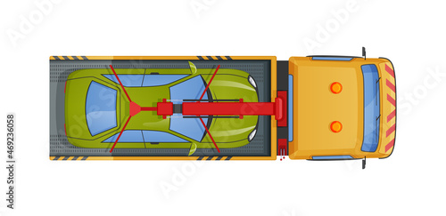 Urban tow truck carrying automobile top view. Towage emergency help on road trucking transportation