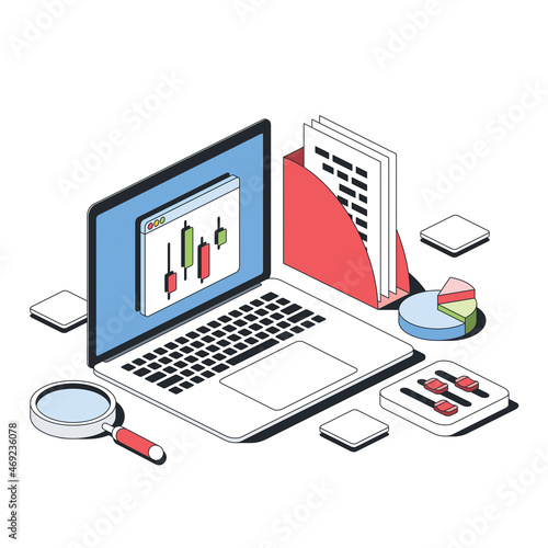 Graph chart on laptop screen, calculator, magnifier search. Vector 3d sketch line isometric style, color icon illustration. Creative design idea and infographics elements.
