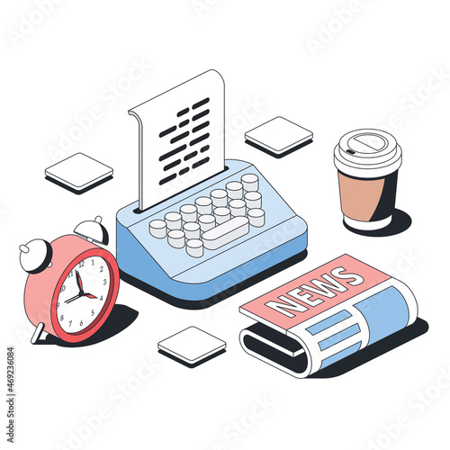 Typewriter, news newspaper, coffee glass. Vector 3d sketch line isometric style, color icon illustration. Creative design idea and infographics elements.