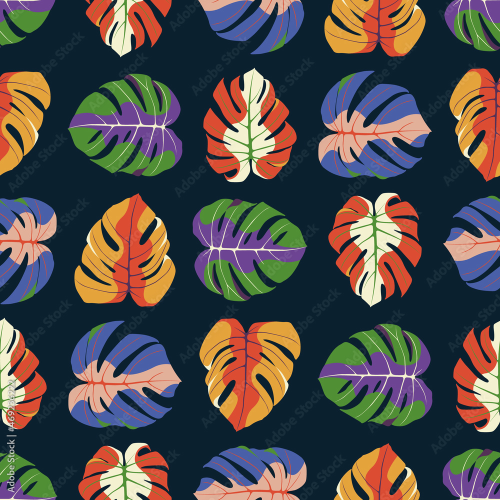 Seamless monstera leafs pattern. Hand drawn tropical leaves graphic elements. 