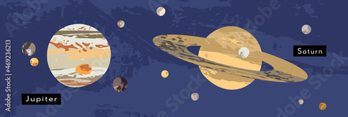Jupiter and Saturn. Gas giant. Solar system. Giant planet and moon, satellite, Io, Europa, Ganymede, Callisto, Titan. Astronomy, astrophysics. Vector flat cartoon cosmic illustration
