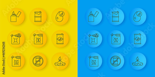 Set line Canister for motor machine oil, Eco fuel canister, Alcohol spirit burner, Bio barrel, Lighter, and Barrel leak icon. Vector