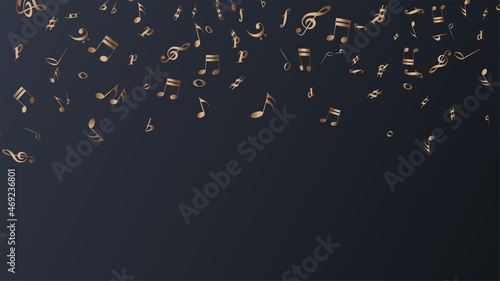 Golden flying music notes and symbols design on dark background. Banner for sound, song, presentation, audio. Modern elegant cover design.