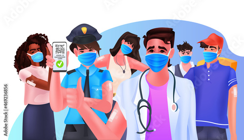 vaccinated people using digital immunity passport with qr code on smartphone screen successful covid-19 vaccination