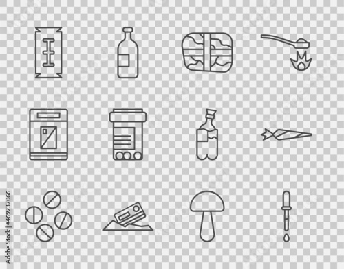 Set line Medicine pill or tablet, Pipette, Package with cocaine, Cocaine and credit card, Blade razor, bottle pills, Psilocybin mushroom and Marijuana joint icon. Vector