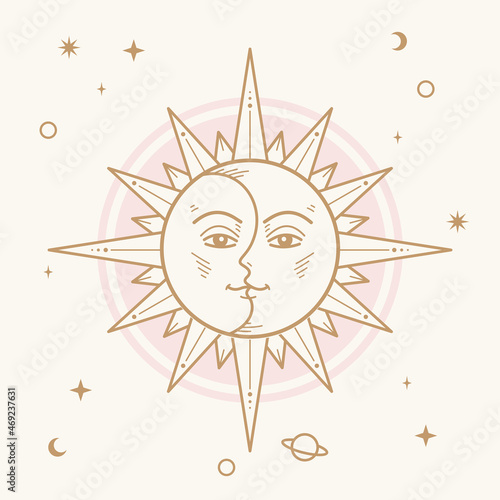 Gold atrology sun tarot boho style vector illustration