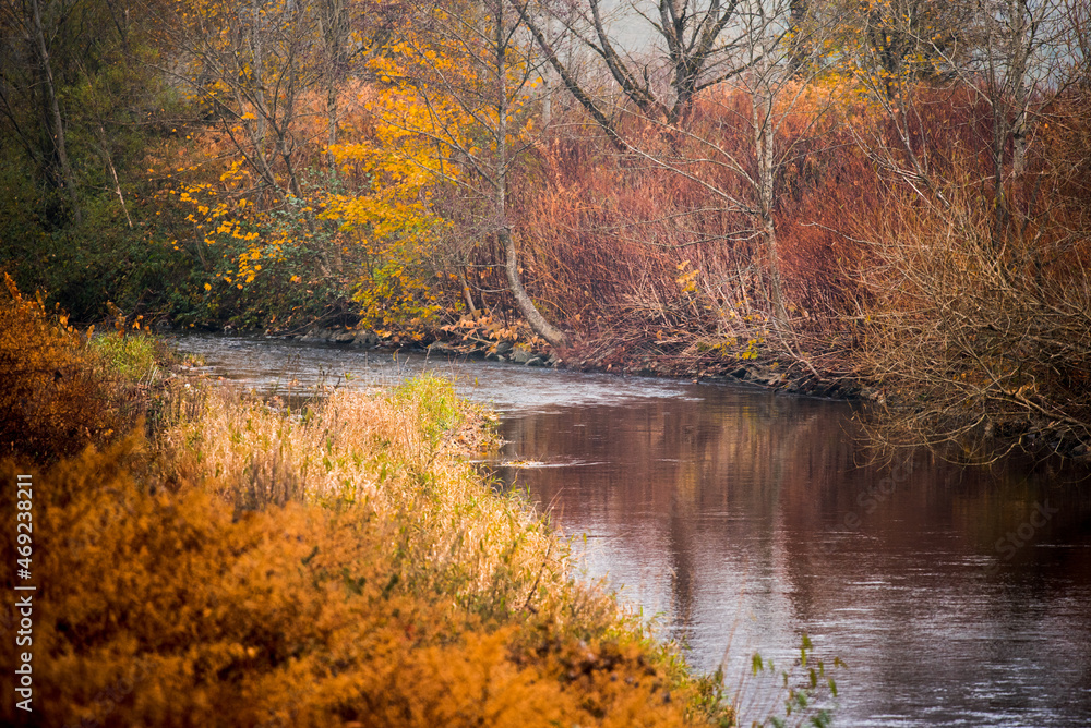 Autumn landscape. Calm river water between the red banks. Autumn landscape. Calm river water between the red banks.