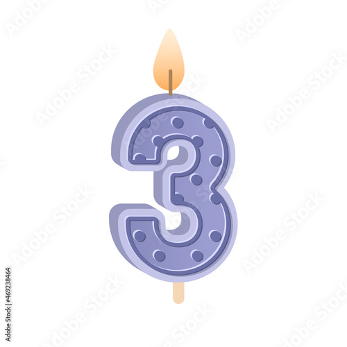 Wax birthday candle of number 3 shape for 3d year anniversary. Glowing figure three candlelight with flame for party cake for third age. Flat vector illustration isolated on white background