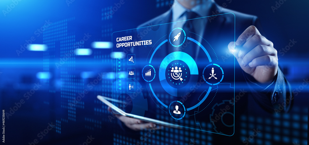 Career opportunities. Businessman pressing virtual button on screen.