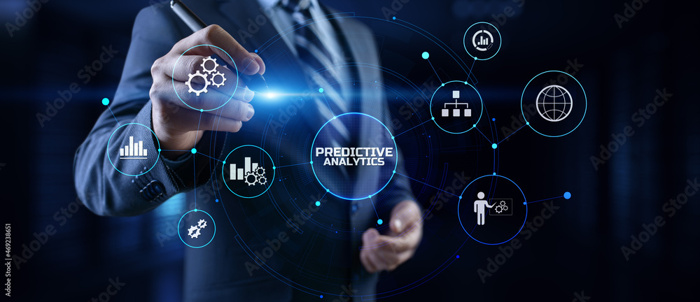 Predictive analytics. Businessman pressing button on screen. Predictive analytics. Businessman pressing button on screen.