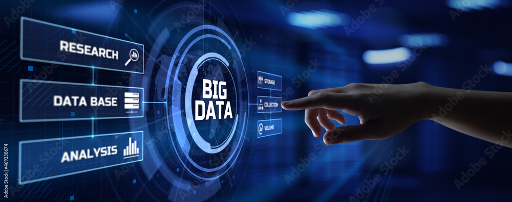 Big Data Analysis Analytics technology concept. Hand pressing button on screen.