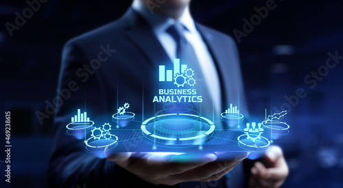 Business analytics big data analysis technology concept on VR screen.