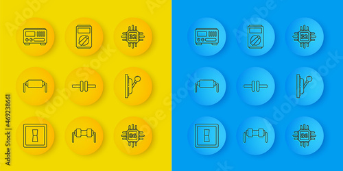 Set line Electric light switch, Resistor electricity, circuit scheme, Processor with microcircuits CPU, Electrical panel, measuring instruments, and Multimeter icon. Vector