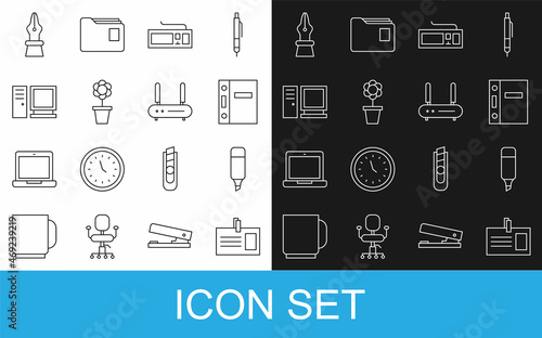 Set line Identification badge, Marker pen, Office folders, Keyboard, Flower in pot, Computer monitor, Fountain nib and Router and wi-fi signal icon. Vector